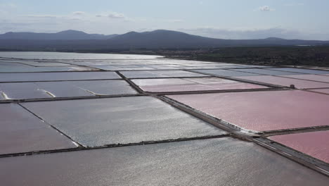 Salt-marshes-pink-ponds-salin-de-la-Palme-aerial-view-mountains-France